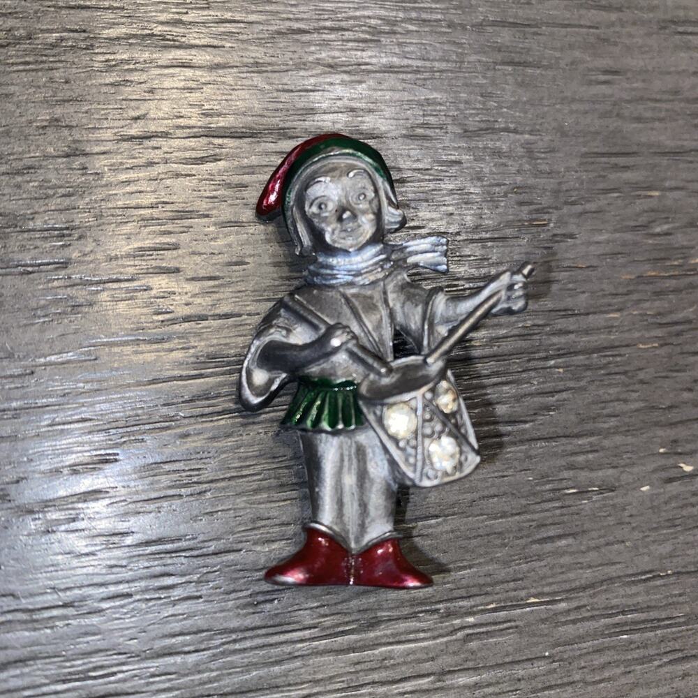 Vintage Pewter Little Drummer Boy Christmas Collectible Brooch Pin Red Green